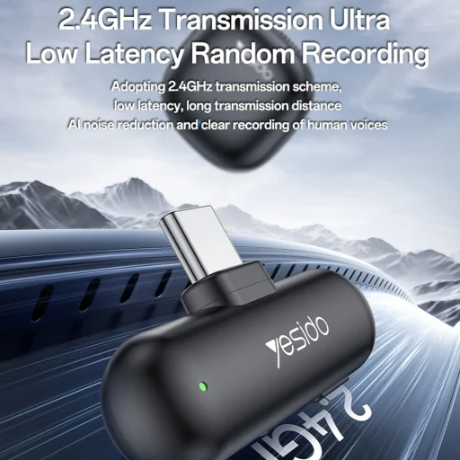 Yesido - (2 Darabos) Vezeték nélküli Lavalier Mikrofonok (KR20) - 3in1 Vevő, Lightning, AI zajcsökkentés, 2.4GHz - Fekete - 3