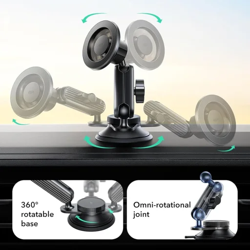 ESR Autós tartó OmniLock (2B5240162) - Műszerfalra, 360°, Mágneses, Rugalmas gömbcsuklós kar, Alumínium - Fekete/Karbon szálas - 6