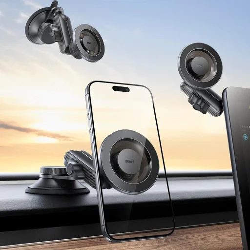 ESR Autós tartó OmniLock (2B5240162) - Műszerfalra, 360°, Mágneses, Rugalmas gömbcsuklós kar, Alumínium - Fekete/Karbon szálas - 2