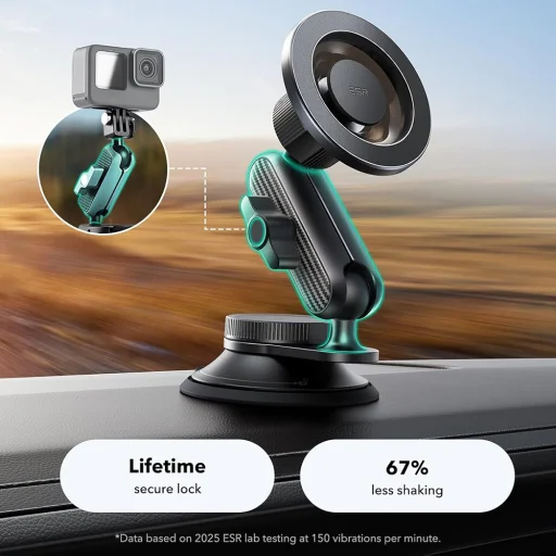 ESR Autós tartó OmniLock (2B5240162) - Műszerfalra, 360°, Mágneses, Rugalmas gömbcsuklós kar, Alumínium - Fekete/Karbon szálas - 5