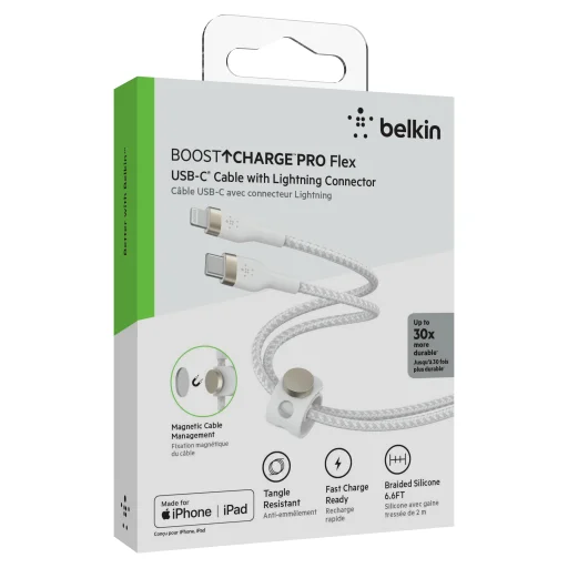 Belkin BOOST CHARGE PRO Flex USB-C to LTG, Braided Silicone Cable - 2M - White - 3