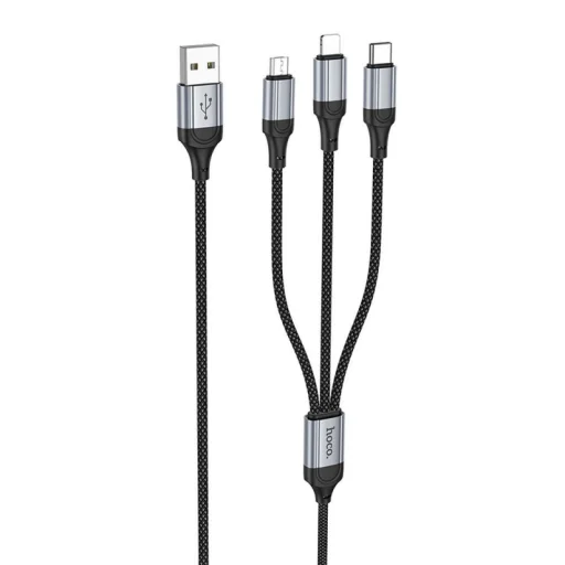 USB-A - Lightning / microUSB / USB-C Töltőkábel Hoco X102 3 az 1-ben, 18W, 2A, 1m, Fekete - 1