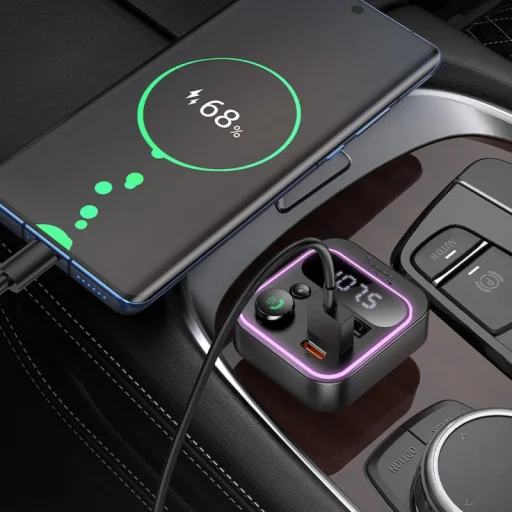 Bluetooth FM Transmitter és Autós Töltő Hoco E85, 2 x USB-A - 1 x USB-C, Fekete - 6