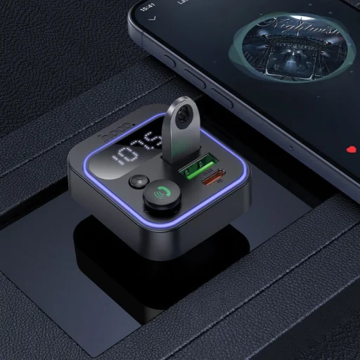 Bluetooth FM Transmitter és Autós Töltő Hoco E85, 2 x USB-A - 1 x USB-C, Fekete - 5