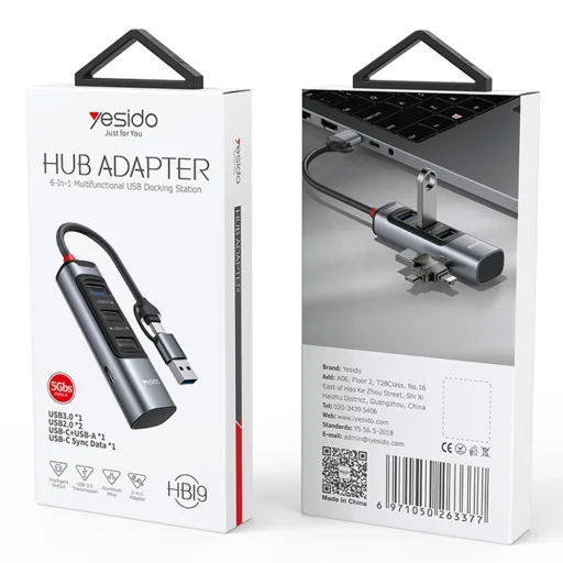 Yesido - Dokkoló állomás 4 az 1-ben (HB19) - USB, Type-C 3x USB-hez, USB-C, PD100W, Gyors töltés, Plug & Play, 5Gbps - Szürke - 7