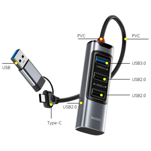 Yesido - Dokkoló állomás 4 az 1-ben (HB19) - USB, Type-C 3x USB-hez, USB-C, PD100W, Gyors töltés, Plug & Play, 5Gbps - Szürke - 2