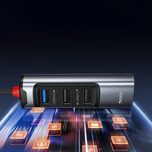 Yesido - Dokkoló állomás 4 az 1-ben (HB19) - USB, Type-C 3x USB-hez, USB-C, PD100W, Gyors töltés, Plug & Play, 5Gbps - Szürke - 5