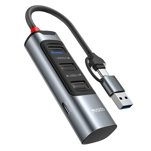 Yesido - Dokkoló állomás 4 az 1-ben (HB19) - USB, Type-C 3x USB-hez, USB-C, PD100W, Gyors töltés, Plug & Play, 5Gbps - Szürke - 1