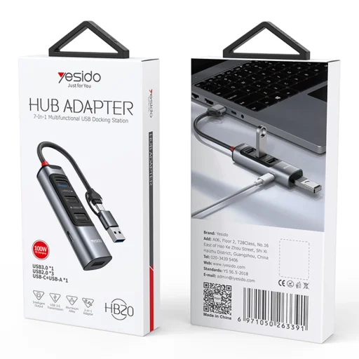 Yesido - Docking Station 5 az 1-ben (HB20) - USB, Type-C to 4x USB, USB-C, PD100W, Gyors töltés, Plug & Play, 5Gbps - Szürke - 7