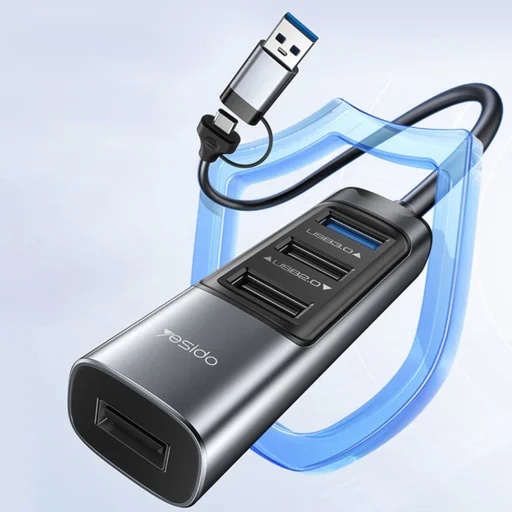 Yesido - Docking Station 5 az 1-ben (HB20) - USB, Type-C to 4x USB, USB-C, PD100W, Gyors töltés, Plug & Play, 5Gbps - Szürke - 3