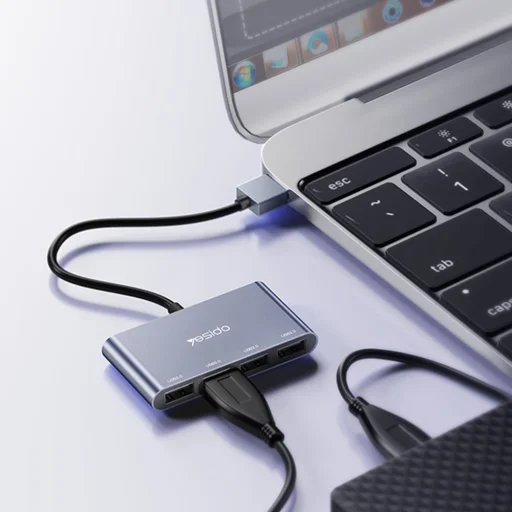 Yesido - Csatlakozóállomás 4 az 1-ben (HB12) - USB-ről 4x USB-re, Plug & Play, 480Mbps, 15cm - Szürke - 4