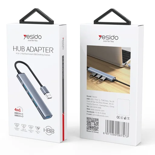 Yesido Dokkolóállomás 4 az 1-ben (HB18) - USB 1x USB3.0-ra, 3x USB2.0, Plug&Play, 5Gbps, Alumínium ötvözet - Szürke - 7