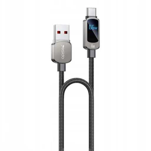 Yesido Data Cable (CA128C) LED teljesítmény kijelzővel, USB Type-C, Gyors töltés, 66W, 5A, 480Mbps, 1.2m - Fekete - 1
