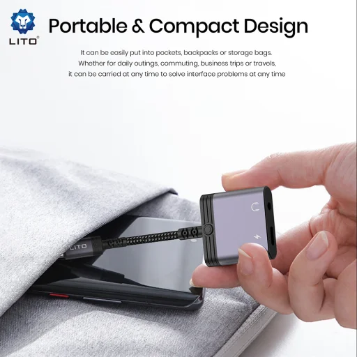 Lito - Audio Adapter (LA04T) - Type-C Jack 3.5mm-re, Type-C, Támogatott hívások, Gyors töltés, Hangerőszabályzás, 60W - Fekete - 5