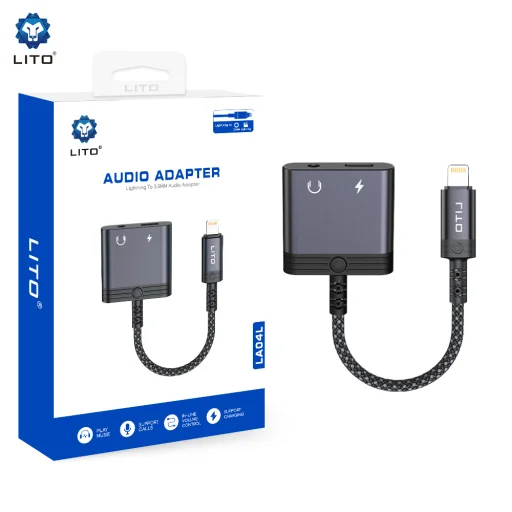 Lito Audio Adapter LA04L - Lightning to Jack 3.5mm, Type-C, Hívástámogatás, Gyors töltés, Hangerőszabályzó, 60W - Fekete - 8
