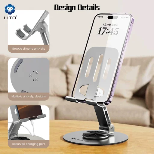 Telefon Tartó (LT-H01) Lito - Összecsukható, 360°-os forgatás, Egykezes működés, Univerzális, Csúszásmentes kialakítás - Szürke - 5