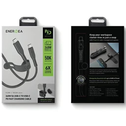 Energea Flow USB-C - USB-C kábel 1.5m Fekete 240W 5A PD Gyors Töltés - 6