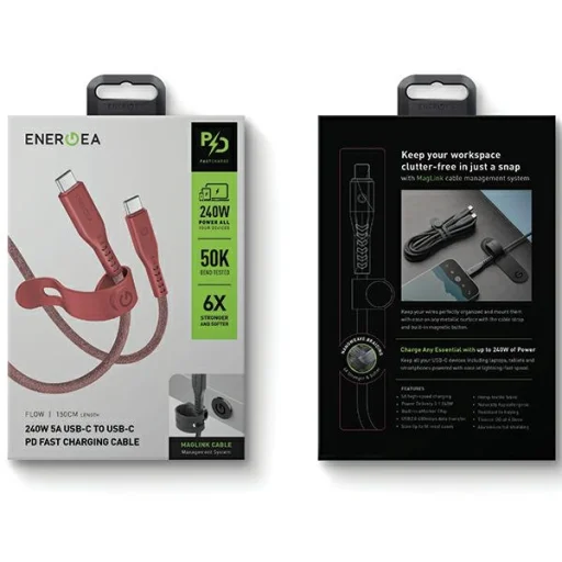 ENERGEA Flow USB-C - USB-C Kábel 1,5m Piros 240W 5A PD Gyors Töltés - 6