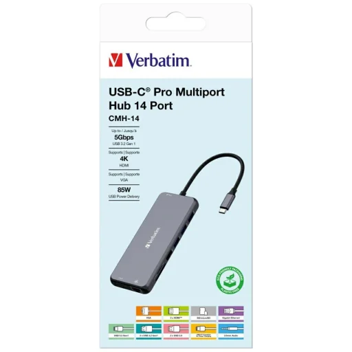 Verbatim Adapter Hub USB-C - 2xHDMI/VGA/Eternet/5xUSB-A/Jack 3.5mm/2xUSB-C/SD/microSD alumínium 32154 - 5