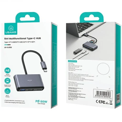 USAMS Adapter HUB 5 az 1-ben USB 2.0/USB 3.0/USB-C/TF/SD szürke/sötétszürke SJ628HUB01 (US-SJ628) - 6