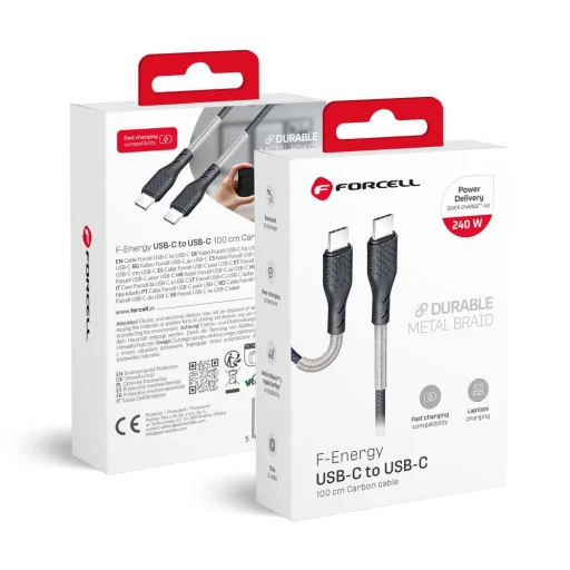 Forcell F-Energy USB-C - USB-C kábel, QC4.0/PD 5 A, 240 W, 1 m, karbon/fekete (CB-05C) flexibilis nyakkal - 1