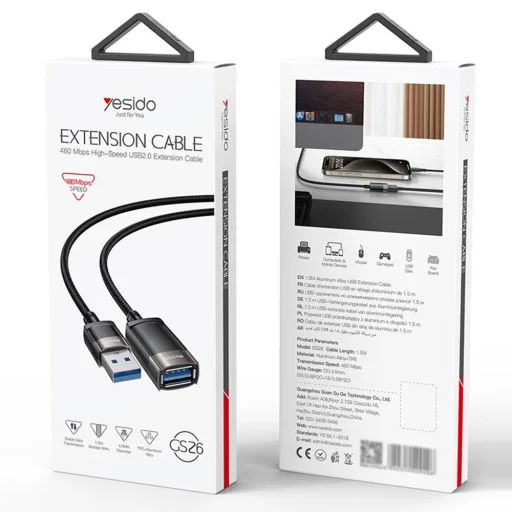 Yesido GS26 Hosszabbító Adapter - USB 2.0, 1.5m Kábel, Fonott, Nagysebességű Átvitel - Szürke - 7
