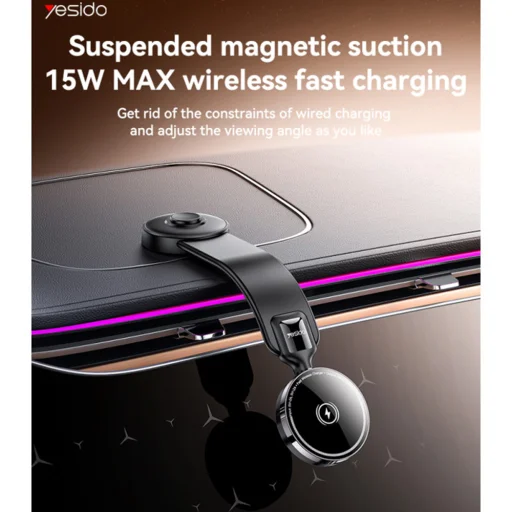 Autós tartó vezeték nélküli töltéssel (Yesido C316) - műszerfalra, N52 mágnesek, rugalmas, intelligens energia szabályozás, 15W - fekete - 2