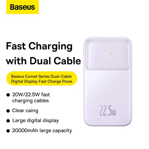 Baseus Comet Series powerbank kijelzővel 20000mAh 22.5W - lila + USB-A / USB-C kábel - 13