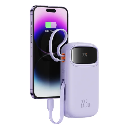 Baseus Qpow2 20000mAh 22.5W Powerbank kettős kábellel digitális kijelzővel + Baseus Simple USB-C 3A kábel 0.3m (Fehér) - Lila - 7