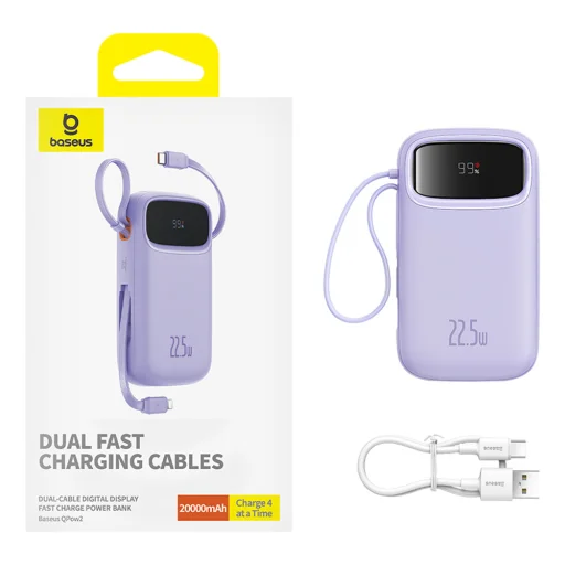 Baseus Qpow2 20000mAh 22.5W Powerbank kettős kábellel digitális kijelzővel + Baseus Simple USB-C 3A kábel 0.3m (Fehér) - Lila - 8