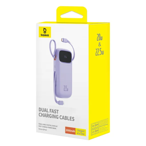 Baseus Qpow2 20000mAh 22.5W Powerbank kettős kábellel digitális kijelzővel + Baseus Simple USB-C 3A kábel 0.3m (Fehér) - Lila - 9