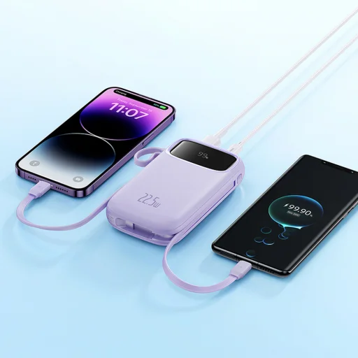 Baseus Qpow2 20000mAh 22.5W Powerbank kettős kábellel digitális kijelzővel + Baseus Simple USB-C 3A kábel 0.3m (Fehér) - Lila - 11