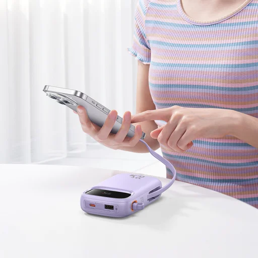 Baseus Qpow2 20000mAh 22.5W Powerbank kettős kábellel digitális kijelzővel + Baseus Simple USB-C 3A kábel 0.3m (Fehér) - Lila - 12