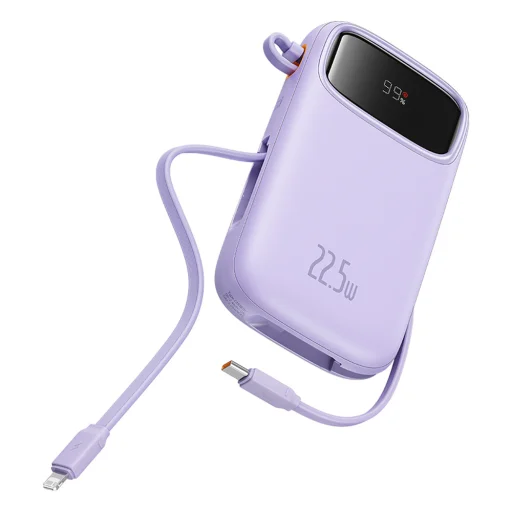 Baseus Qpow2 20000mAh 22.5W Powerbank kettős kábellel digitális kijelzővel + Baseus Simple USB-C 3A kábel 0.3m (Fehér) - Lila - 4