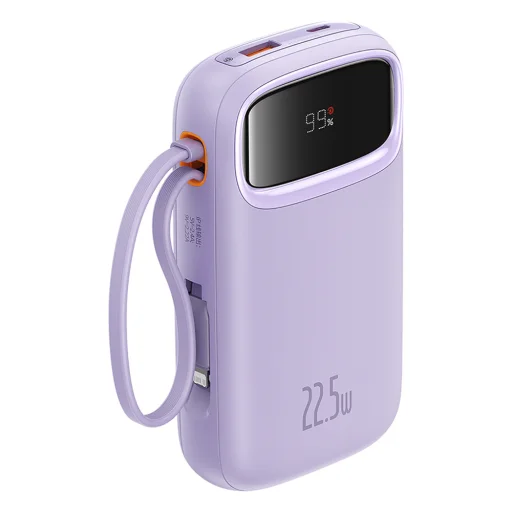 Baseus Qpow2 20000mAh 22.5W Powerbank kettős kábellel digitális kijelzővel + Baseus Simple USB-C 3A kábel 0.3m (Fehér) - Lila - 5