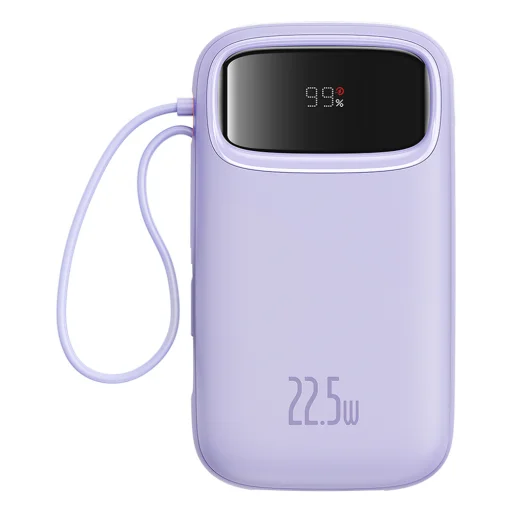 Baseus Qpow2 20000mAh 22.5W Powerbank kettős kábellel digitális kijelzővel + Baseus Simple USB-C 3A kábel 0.3m (Fehér) - Lila - 1