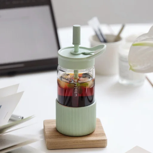 BUYDEEM DG425-CG üveg palack szívószállal, 500 ml, boroszilikát üveg, zöld - 6