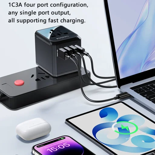 Yesido Travel Adapter (MC24) Type-C, USB3.0, 2x USB2.4, Multifunkcionális Gyors Töltő - Fekete - 4