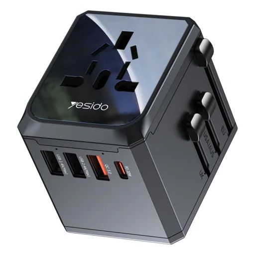 Yesido Travel Adapter (MC24) Type-C, USB3.0, 2x USB2.4, Multifunkcionális Gyors Töltő - Fekete - 1