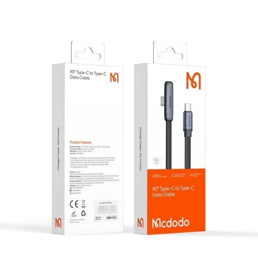 Data Cable Mcdodo (CA-3360) - USB-C - USB-C, 90 fokos dizájn, 100W, LED kijelző, 1.2m - Fekete - 7