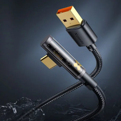 Mcdodo - Adatkábel (CA-3380) - USB-C és USB-A, 90 fokos kialakítás, 6A, átlátszó design, 1.2m - Fekete - 7