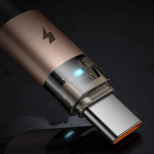 Mcdodo CA-6891 Adatkábel töltőfénnyel, USB-C - USB-A, Átlátszó kábel, 6A, 1.2m - Sivatagi arany - 6