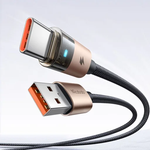 Mcdodo CA-6891 Adatkábel töltőfénnyel, USB-C - USB-A, Átlátszó kábel, 6A, 1.2m - Sivatagi arany - 3