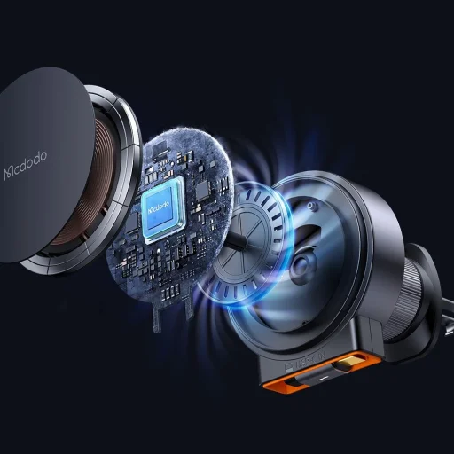 Mcdodo Autós tartó vezeték nélküli töltéssel 15W, Qi2, Beépített visszahúzható kábel, Légbefúvóra rögzíthető, Desert Gold (CH-0091) - 2