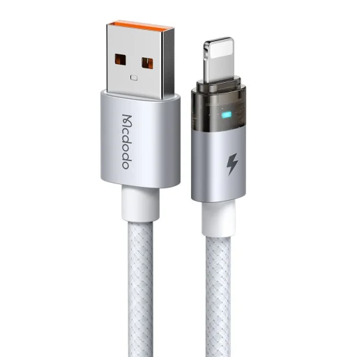 Mcdodo CA-6912 Adatkábel fehér, USB-A - Lightning, töltési fényt adó átlátszó kábel, 1.2m - 1