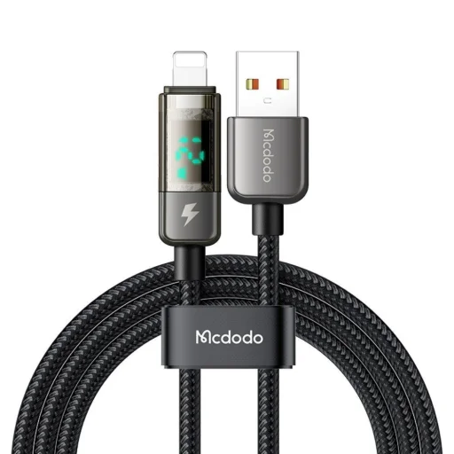 Mcdodo - Adatkábel (CA-3620) - USB-A-ról Lightning-re, 3A, Digitális kijelző, Automatikus kikapcsolás, Átlátszó kivitel, 1.2m - Fekete - 1