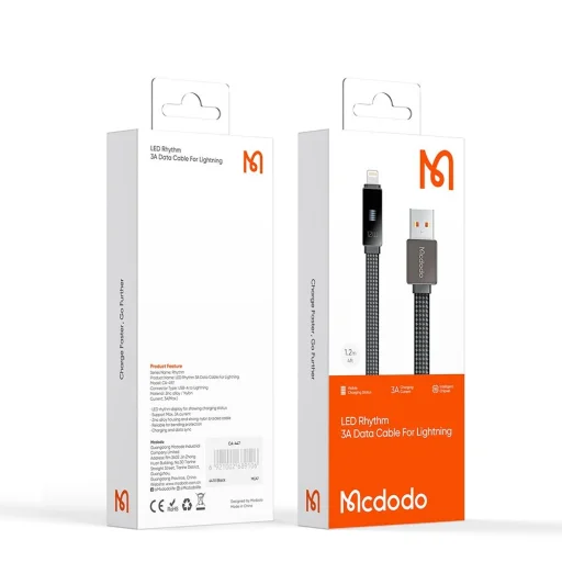 Mcdodo - Data Cable Rythm Series (CA-4970) - USB-A - Lightning, 3A, LED kijelző, 1.2m - Fekete - 7