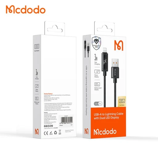 Mcdodo - Adatkábelt USB-A - Lightning, Kettős LED Kijelző, 3A, 1.2m - Fekete - 7