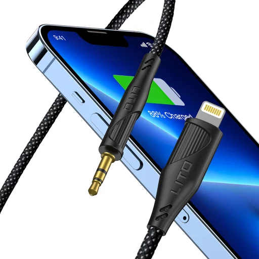 Audio Cable Adapter Lito LA02 - Lightning to Jack 3.5mm, Nulla Jelveszteséggel, Nylon fonatos, 1m - Fekete - 2