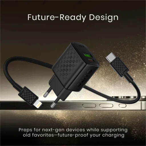 Lito - Fali töltő (LC15L) - Lightning kábel mellékelve, Type-C, USB kimenet, PD20W, GaN, PC tűzálló, EU dugó - Fekete - 2